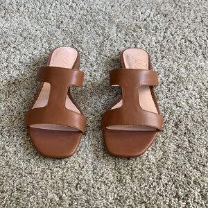 J Crew Leather Cutout Slide Sandals in Rich Oak
